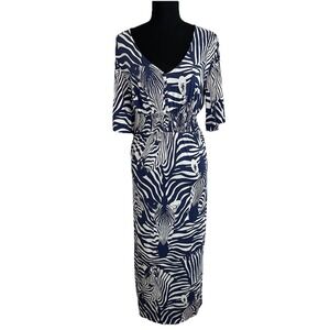 Tori Richard Honolulu Women M Blue Cream Zebra Long Dress V-Neck Resort Vacation